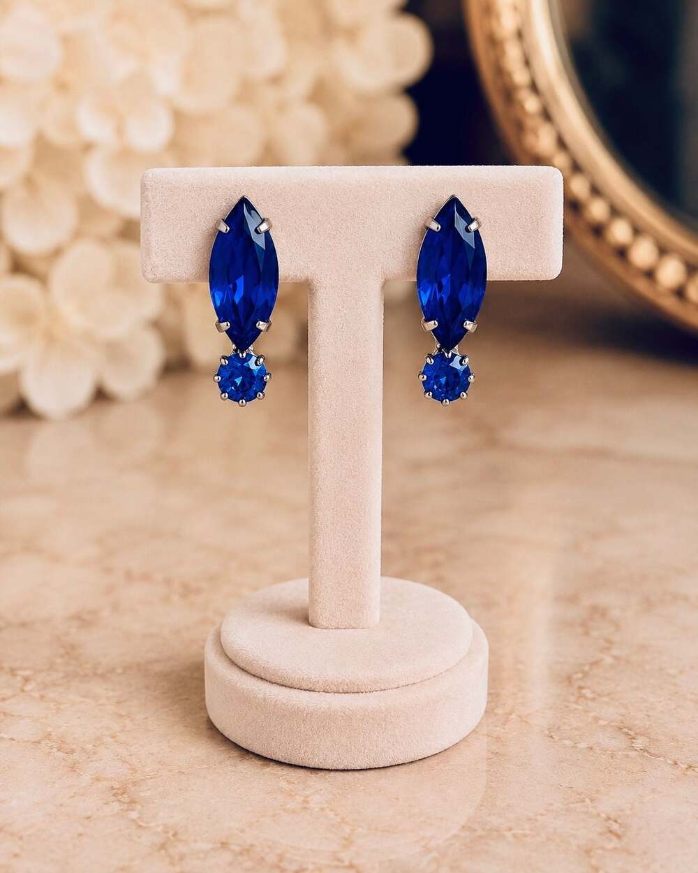 Vintage Silver Tone Marquise and Round Royal Blue Crystal Clip-On Earrings